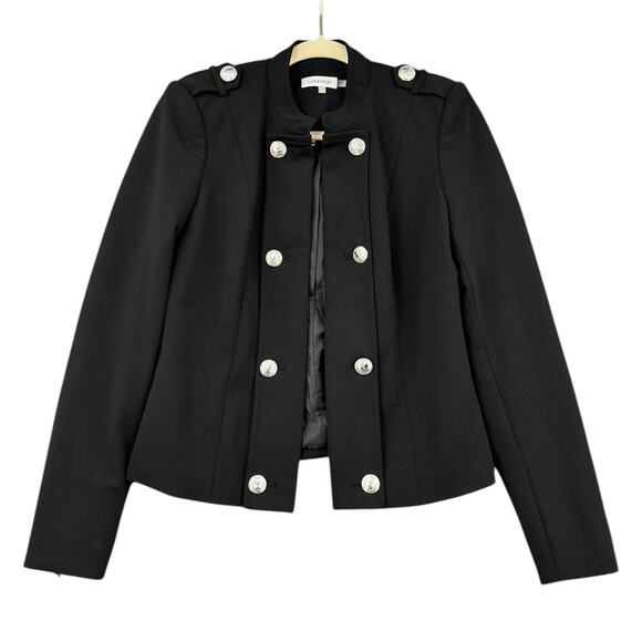 Calvin Klein Black with Silver‎ Coin Buttons Epaulettes Military Jacket Size 2 - Picture 1 of 8